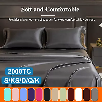 4PCS Silk Satin Bed Sheet Set Single/Double/Queen/King Flat Fitted Pillowcases • $10.79