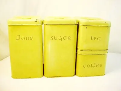 4 Yellow Harvell Canister Set Flour Sugar Coffee Tea Vtg MCM Stackable SpaceSave • $46.99