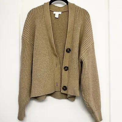 H&M Sz M Brown Ribbed Thick Wool Button-down Balloon Sleeve Cardigan Sweater • $9.99
