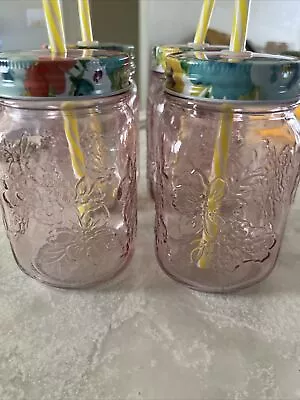 4 Pioneer Woman 12oz Mason Jars Drinking Lidded Glasses Pink Preowned • $19.36