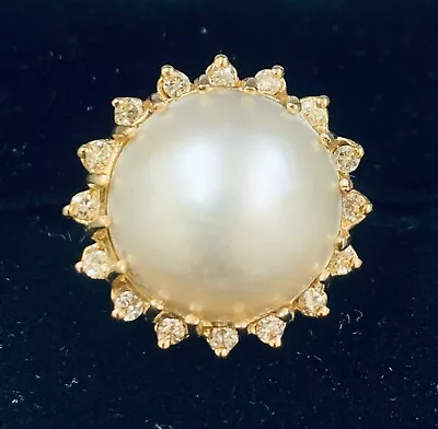 Vintage 14K Yellow Gold Mabe Pearl 15.5mm Ring With Diamonds • $515