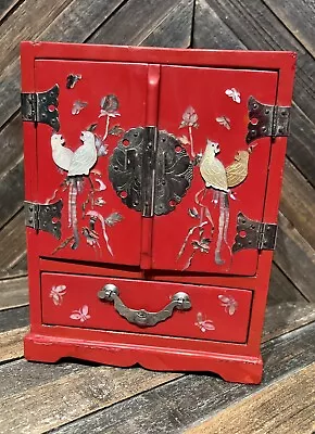  Vintage Chinese Wood Red Lacquer Mother Of Pearl Inlay Jewelry Chest • $10.50
