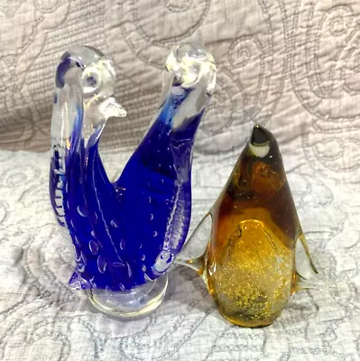  Lavorazione Arte Murano  Art Glass Penguins Italy 6  + Other Amber Penguin 5.5  • $14