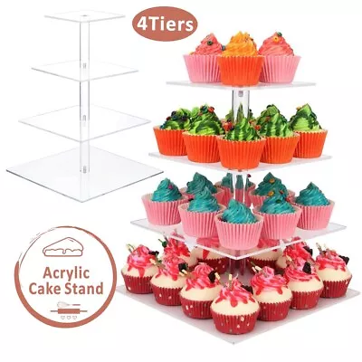 4 Tier Square Cupcake Display  Wedding Birthday Party Acrylic Cupcake Stand • £13.99