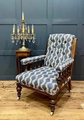 19th Century English Victorian Oak Library Chair - Linwood Helter Skelter Fabric • £1260