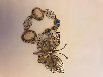 Vintage Ladies Filigree Cameo Bracelet And Butterfly Brooch • £14.99