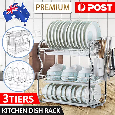 3 Tier Dish Rack Cutlery Drying Drainer Plate Cup Steel Kitchen Storage Holder • $26.95