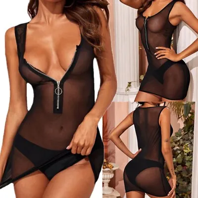 Woman's See-through Zipper Bodycon Dress Sleeveless Tight Bandage Lingerie Set • $4.64