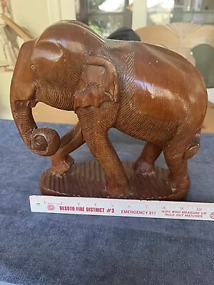 Vintage Hand Carved Wood Elephant On Wood Base 11”Tall And 11” Wide • $21.95