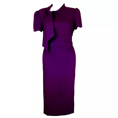 Maggy London Sheath Dress Sz 6 Purple Crepe Puff Sleeve Neck Tie Corpcore • $18