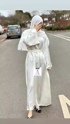 £22.99 • Buy Womens Ladies Plain Satin Abaya With Pocket Belt Tie With Hijab