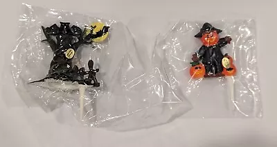 Vintage Halloween Plastic Cake Toppers Made In Hong Kong Scarecrow & Bat On Tree • $24.99