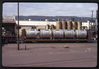 1972 Flat Car W/ Tanks - Preservative Paint Co - Seattle WA - Vtg Railroad Slide • $19.45