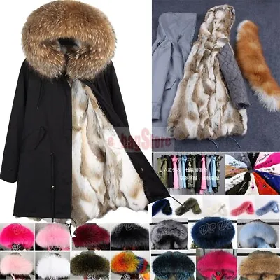 $206.79 • Buy Women's Real Raccoon Fur Collar Coat Rabbit Fur Lined Long Jacket Hooded Parka