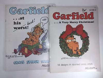 2 Vintage Garfield Cross Stitch Pattern Leaflet Books Christmas And At His Best  • $12