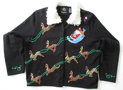 Michael Simon Black Christmas Cardigan Sweater Medium Reindeer Rudolph • $52.75