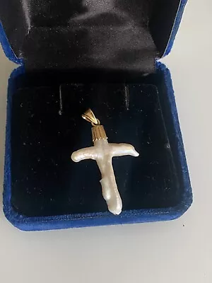 Rare MURATA Pearl Cross Pendant W/ 18K Solid Gold Bale - Vintage • $49.99