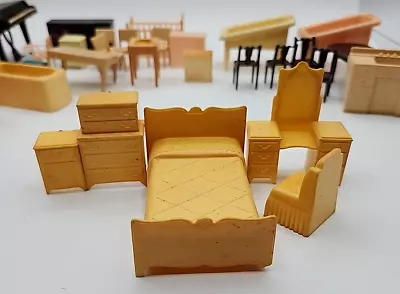 Marx Vintage Plastic Dollhouse Furniture Yellow Bedroom Set • $11.99