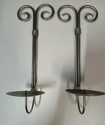 Pair Silver Tone Metal Pillar Candle Holder Hanging Wall Sconces Home Decor • £18.27