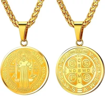 Collar Medalla San Benito Chapado En Oro 18K Medalla Sacramental Cristiana • $25.99