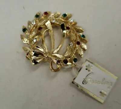 Vintage New Eisenberg Gold Tone Holiday Christmas Wreath Rhinestone Brooch Pin • $31.96