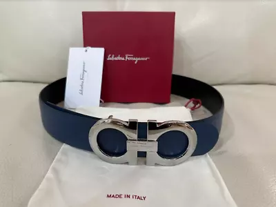 Reversible Blue/Black Salvatore Ferragamo Leather Belt XL Silver  Buckle • $185