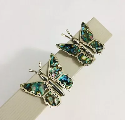 Vtg Signed Mexican Sterling & Abalone Shell Inlay Butterfly Screw Back Earrings • $12