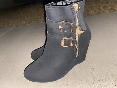 Black Gold Buckles Booties Wedge Heels 3 Inches • $10