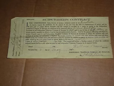 1910 Telephone Contract Independent Telephone Company Of Syracuse NY • $20