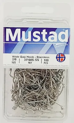 Mustad Hooks 37160S-SS-2/0-100 Stainless Steel Wide Gap Fluke Kahle 37160 Hook • $29.60