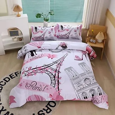 Romantic Pink Paris Style Comforter Set For Girls And Teens Queen Size Sweet Cou • $75.89