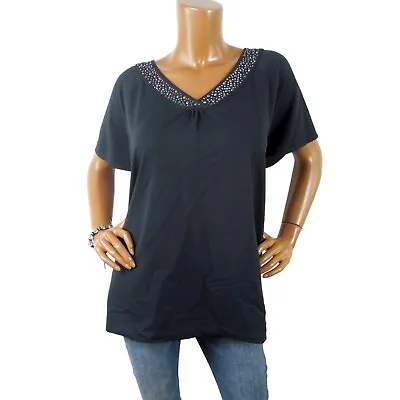 QUAKER FACTORY Top 2X Black V-Neck Shirt Stretch Cotton Stud Trim Short Sleeves • $19.97