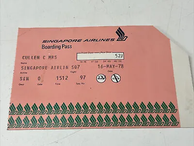 Vintage Boarding Pass Ticket Singapore Airlines 1978 Plane Pilot Smoking • $9.99