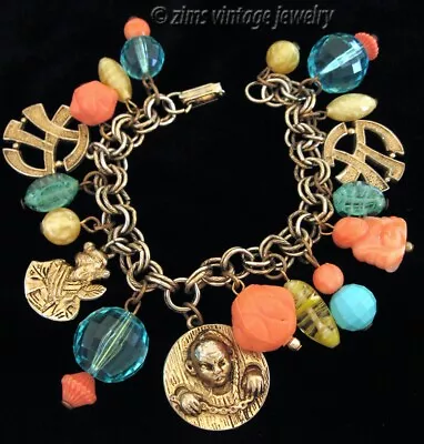 Vintage Arthur Pepper ASIAN Theme Gold Tone Coral Turquoise Bead Charm BRACELET • $12.05