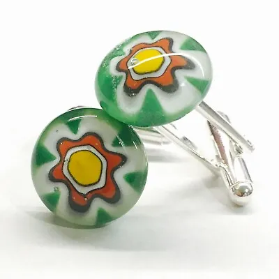 Green Red & Yellow Millefiori Flower Murano Glass Round Silver Cufflinks • £12.50