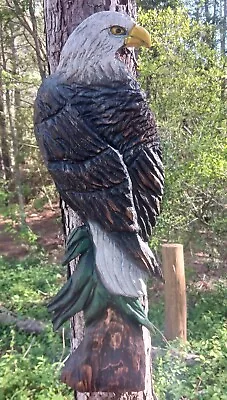 Chainsaw Carving Eagle On A Tree 28   Wood Carving Rustic Art Handmade Eagles  • $150