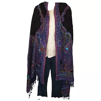 Shawl | Embroidery | Yak + Sheep Wool Blend | Stitched| Handmade | Black & Plum • $79.20