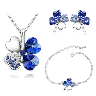 3pcs/set Blue Trendy Lucky Flower Heart Earrings Necklace Bracelet Jewelry Sets • $2.68