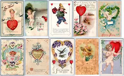 LOT/10 VALENTINES DAY ANTIQUE VINTAGE POSTCARDS EARLY 1900s CONDITION VARIES #4 • $14.95