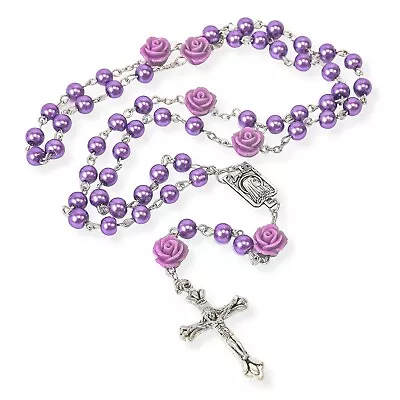 Catholic Purple Pearl Beads Rosary Necklace Rose Lourdes Medal Cross • $12.60