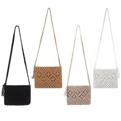 Crochet Purses Woven Bag Bohemian Tassel Straw Beach Bag Crossbody Handbag UK • £9.56