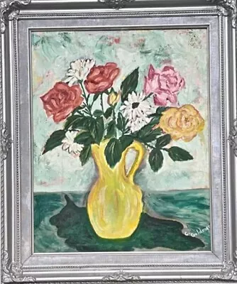 Mid-Century Still Life Flower Pitcher Vase Painting Framed 21x18  Floral Vintage • $59.99