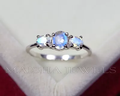 Natural Three Stone Rainbow Moonstone June Birthstone 925 Sterling Silver Ring • $45.09