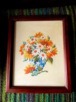 Large FINISHED Cross Stitch Framed 16  X 12.75” DAISIES Flowers Home Deco • £24