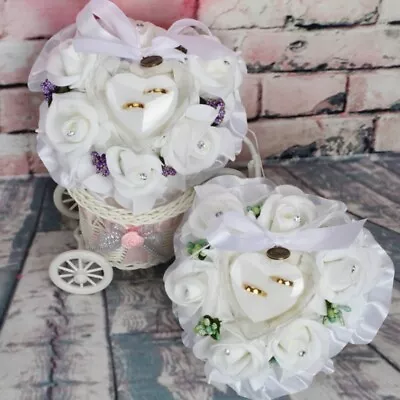 Wedding Ring Pillow Ceremony Heart Shaped Ring Bearer Cushion Wedding Ring Box • £6.59