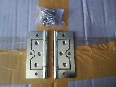 Pair Of Strong Easy Fix 3  75 Mm Hinges Brass Plated Door Frame With Wood Screws • £3.98
