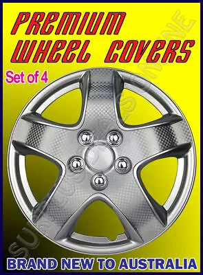 Premium Wheel Covers 14  Silver And Carbon Finish - SET OF 4 (#998CLSCBN) • $75.95