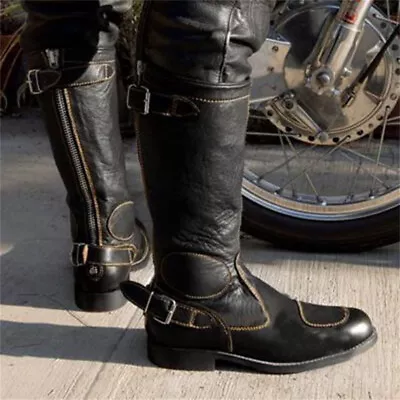 Mens Vintage Cowboy Motorcycle Boots Black PU Leather Back Zip Mid Calf Buckle • $65.99
