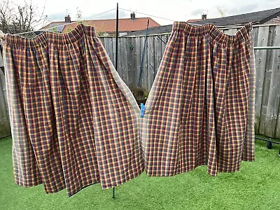 Pair Linen Curtains Red Yellow Blue Check With Matching Valance • £45