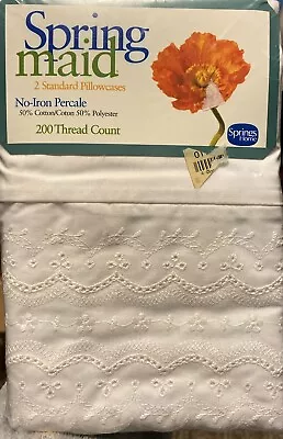 NEW Vintage Springmaid Pillow Cases  Percale White Eyelet 2 Pack Standard • $19.99